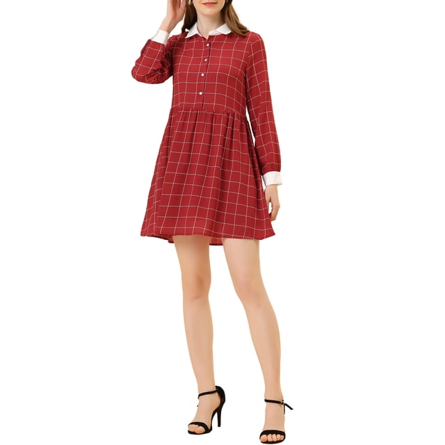 INSPIRE CHIC Robe-Chemise à Carreaux pour Femme à Manches Longues Boutonnée à Col Pointu S Rouge
