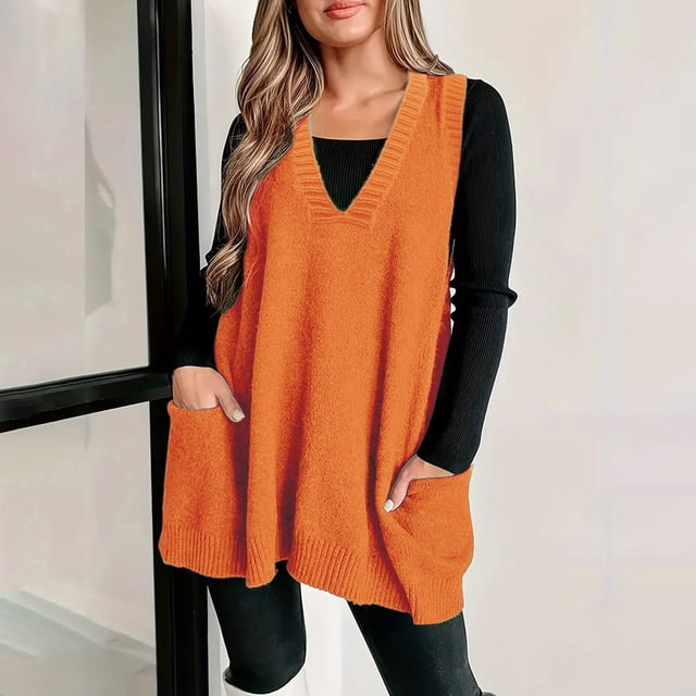 IMENGL Chandail Sans Manches à Poche Confortable, Col en v, Orange 3TG, Taille g-4TG