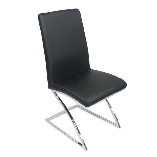 Canadian Chaise de Salle à Manger Monalisa Noire (Ensemble de 2) Présentée en Profil 3/4 avec un Siège en PU Noir Doux de Haute Qualité et une Plaque de base Chromée Robuste avec Pattes Angulaires, Conçue pour les Sièges de Cuisine et de Salle à Manger et Convenant à un Usage Occasionnel au Bureau.