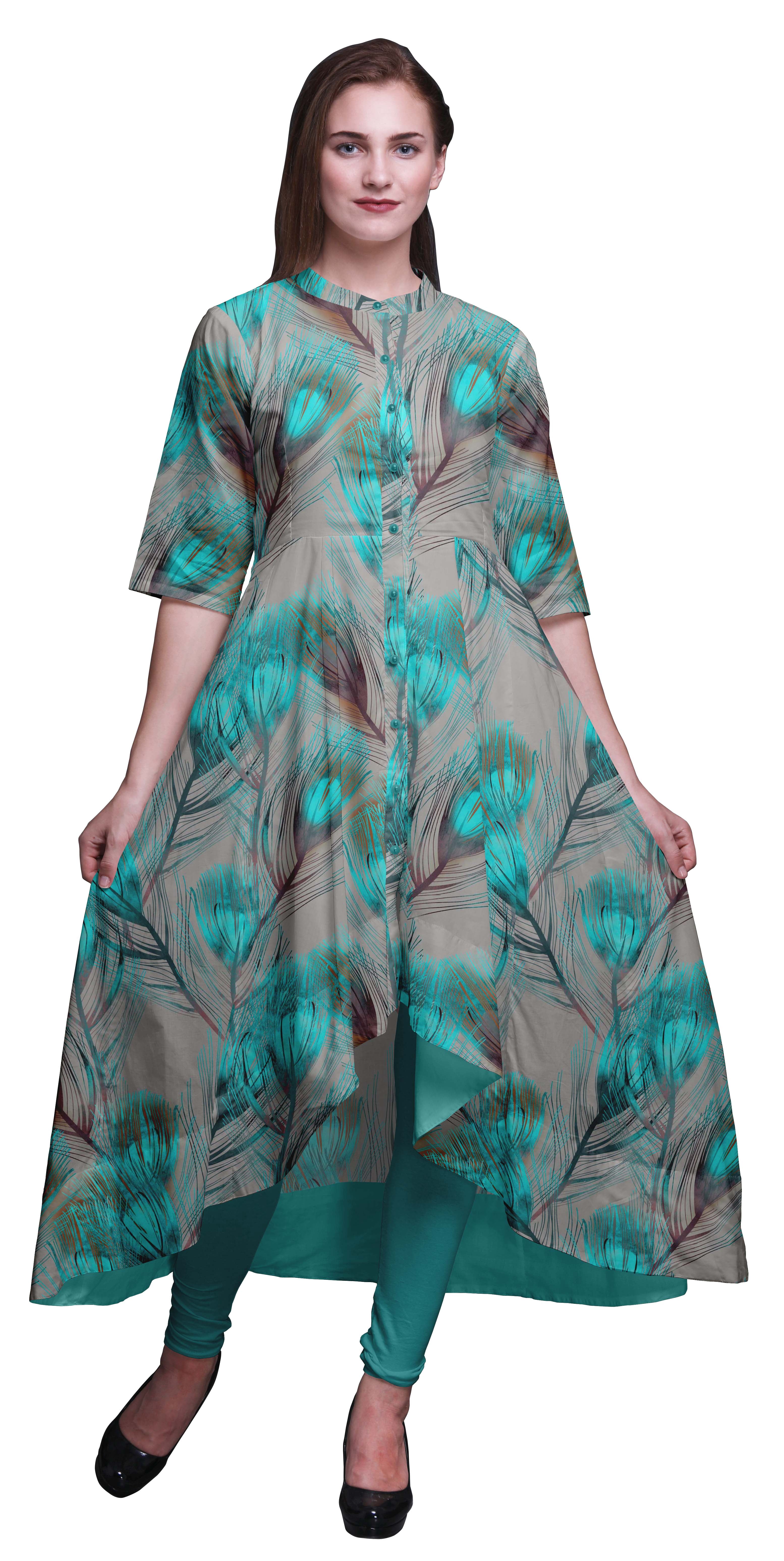 Bimba Robe Anarkali Verte à Plumes de Paon Imprimée Col Mandarin Kurtis Indiens pour Femmes Tenue de Fête Anarkali Kurta -XX-Grand