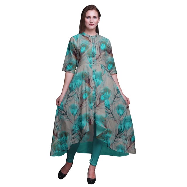 Bimba Robe Anarkali Verte Imprimée de Plumes de Paon pour Femmes, Col Mandarin, Kurtis Indiens, Kurta Asymétrique - Grand