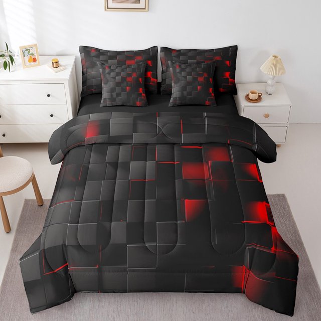 YST 7 Piece Geometry Bed in a Bag Red Square Pattern Bedding Set, Queen