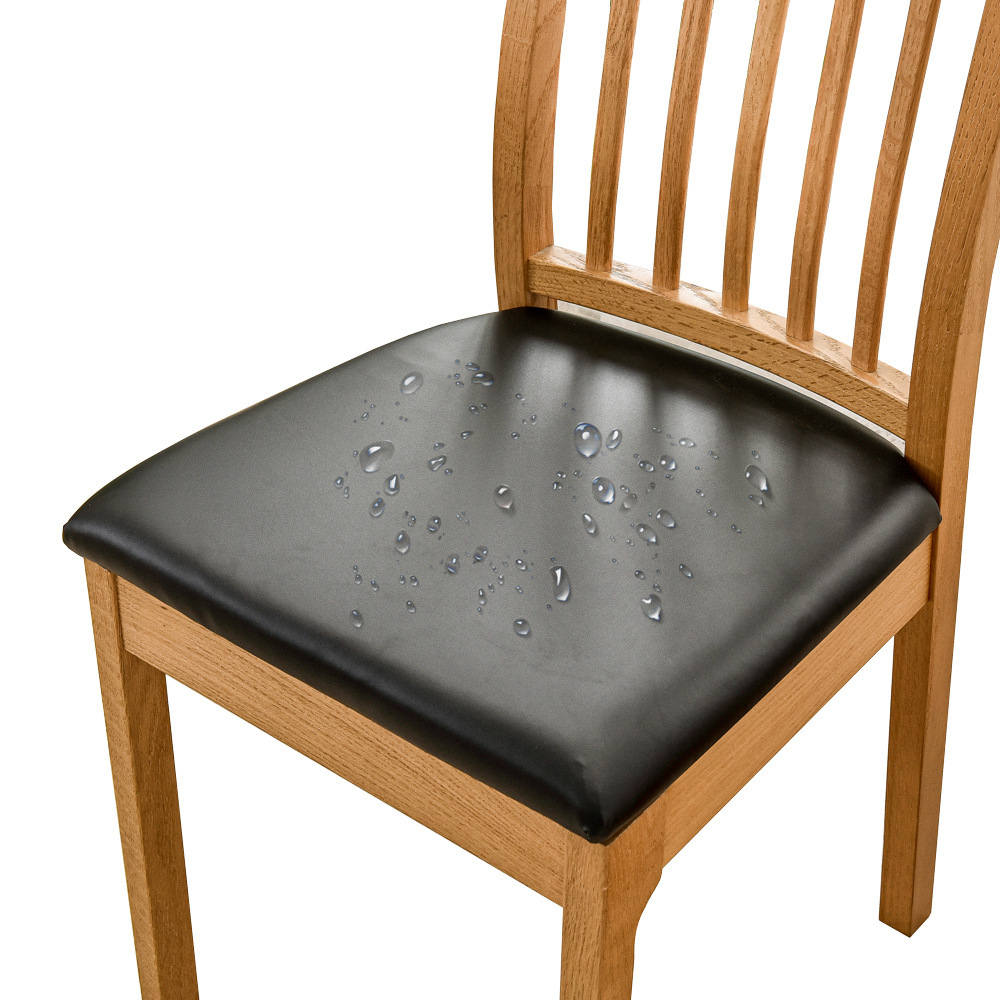 Seat Covers for Dining Chairs, Stretch Waterproof PU Dining Chair Seat Covers Set of 4, Removable Dining Room Chair Seat Covers Washable Kitchen Chair Seat Covers with Elastic Bands (Black)