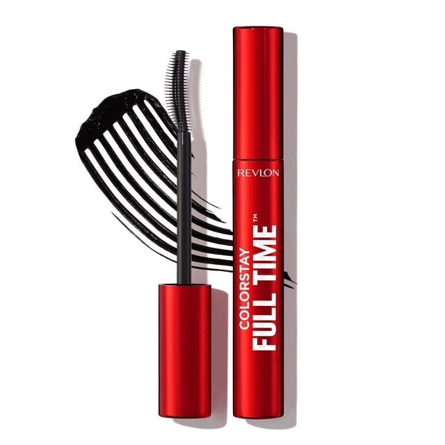 ColorStay Full TimeTM Mascara par Revlon en tube Rouge avec Lettrage Blanc, Montré avec Sa Baguette Brosse Universelle Courbée et un Coup de Mascara Noir derrière, Offrant un volume Modulable et un Port Sans Flocons pendant 24 Heures pour Tous les types de Cils.
