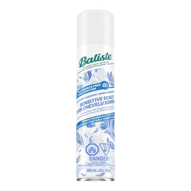 Batiste Dry Shampoo Spray Sensitive Scalp Unscented 200ml in a white aerosol can with blue feather patterns, fragrance-free and dermatologically tested formula that refreshes hair, absorbs oil, and adds volume and texture, suitable for sensitive skin.
