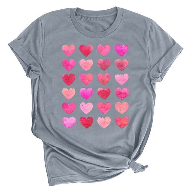 Meichang T-Shirts Cœur d'Amour pour Femmes T-Shirts de la Saint-Valentin Imprimé Cœur Manches Courtes Hauts Mignons Col Rond Cadeaux de la Saint-Valentin pour Femmes