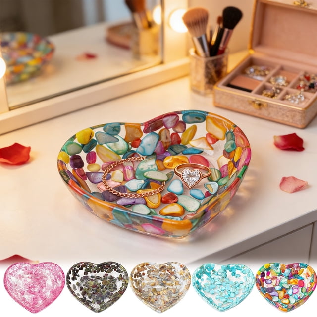 CQCYD 5Pcs Heart Shaped Resin Bowl, Transparent Jewelry Dish, Decorative Organizer For Rings Earrings, Beautiful Patterned Craft Display, Valentine's Day Gift