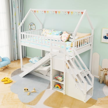 Gymax Lit Superposé Simple sur Simple avec Glissade et Compartiments de Rangement d'Escalier pour Enfants et Ados Blanc
