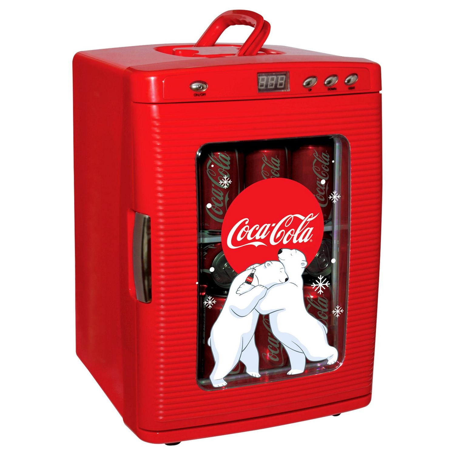 Coca-Cola 25L Mini Fridge, Portable 28 Can Cooler, Display Window for Travel, Home, Office- Red