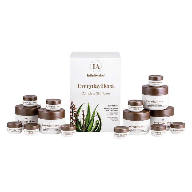 InfiniteAloe Cream 15-Jar Set in fragrance-free formula, featuring jars of varying sizes arranged around a branded box with aloe plant imagery. Ideal for body care, suitable for all skin types, hypoallergenic, and deeply hydrating.