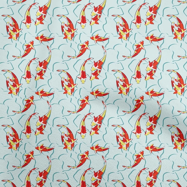 oneOone Polyester Spandex Sky Blue Fabric Asian Japanese Koi Fish Craft Projects Decor Fabric Printed by The Yard 56 Inch Wide