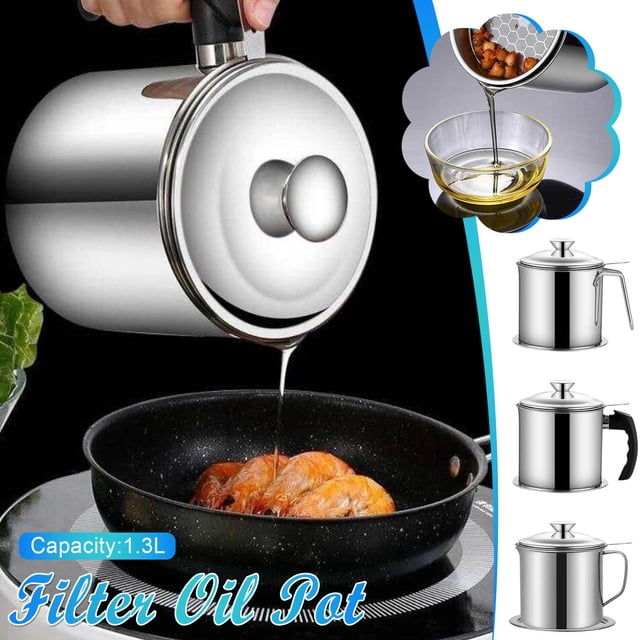 Meitianfacai Pot Filtre à Huile en Acier Inoxydable 1,3 L, Récipient Filtre à Huile Polyvalent Grande Capacité en Acier Inoxydable 304, Filtre à Huile de Cuisson, Passoire à Huile en Acier Inoxydable pour Friteuse Profonde Cuisine(A)