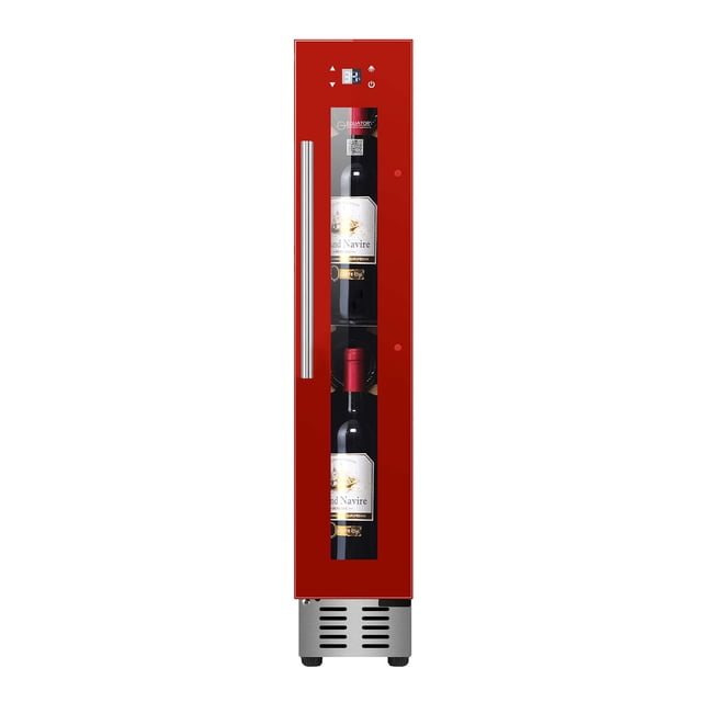 Equator 9 Bottles WINE REFRIGERATOR 1-Zone Freestanding/Builtin 7 Color LED 110V. A slim, red wine fridge with a glass door displaying three wine bottles. Features include compressor fan cooling, touchpad controls, anti-UV glass, adjustable feet, and 7-color LED mood lighting. Ideal for creating a wine nook in compact spaces like kitchens or RVs.