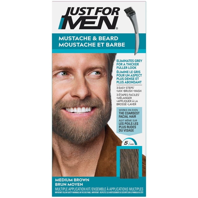 Just For Men Mustache & Beard M-35 Medium Brown Brush-In Colour Gel packaging showing a black comb applicator and a medium brown hair colour swatch, highlighting its 5-minute formula that eliminates grey for thicker, fuller facial hair, suitable for coarse hair.