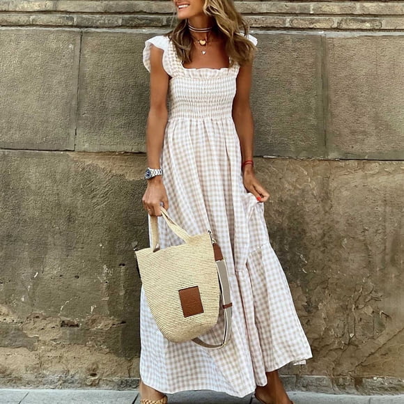 CFLVAEK Womens Summer Smocked Dress Check Print Women Maxi Dress Casual Ruffle Cap Sleeve Square Neck Flowy Long Dresses for Women