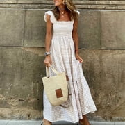 CFLVAEK Womens Summer Smocked Dress Check Print Women Maxi Dress Casual Ruffle Cap Sleeve Square Neck Flowy Long Dresses for Women