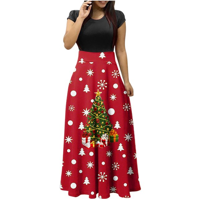 Robe d'Été pour Femmes 2024 Mode Grande Taille Manches Courtes Imprimé de Noël Style Vacances Grande Jupe Longue Manches Courtes Col Rond Robe 50 % de Réduction Liquidation!