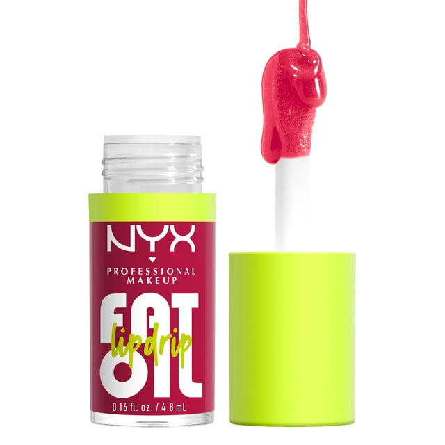 NYX PROFESSIONAL MAKEUP Fat Oil Lip Oil in a clear cylindrical bottle with a lime green cap, showing red lip oil on the applicator wand, providing 12-hour hydration and high shine for lip care and protection.