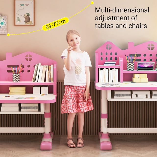 Trayknick Ensemble de 2 Pcs/ensemble Multi Support à Livres Élargi Bureau de Table Chaise Ensemble Motif de Dessin Animé Enfants Hauteur Réglable Tiroir d'Étude Table avec Chaise Ensemble