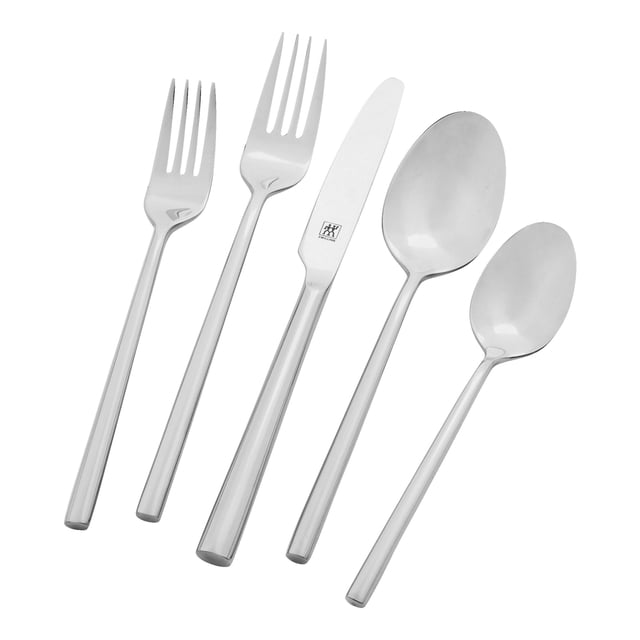 ZWILLING Aberdeen 20 Piece Flatware Set Polished, a premium cutlery set with sleek European design made from durable 18/10 stainless steel. Includes 4 dinner knives, 4 dinner forks, 4 dinner spoons, 4 salad forks, and 4 teaspoons. Dishwasher safe, corrosion-resistant, and suitable for everyday meals or fine dining occasions.