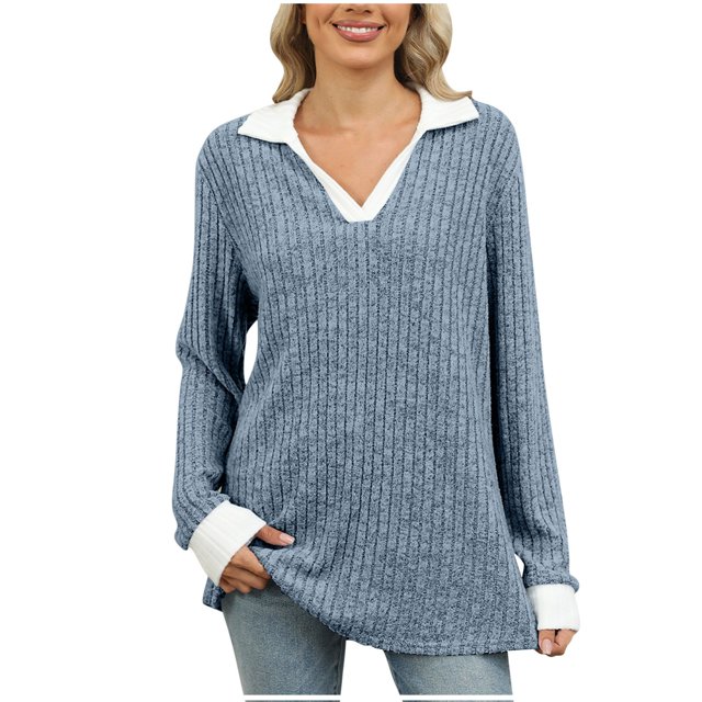 AherBiu Womens Tops Ribbed Knitted Long Sleeve Trendy Loose Tops Comfy Fall Collared Shirts Blouses