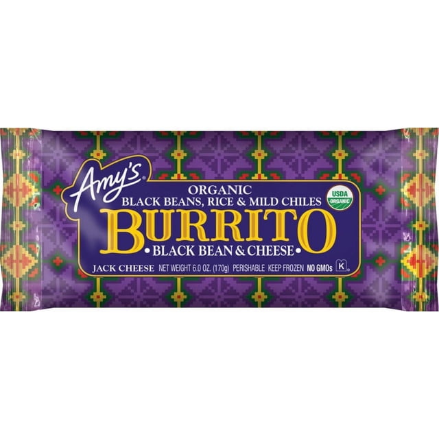 Amy's Kitchen Ensemble Burrito aux Haricots Noirs et au Fromage avec Haricots Noirs Biologiques, Riz, Piments Doux et Fromage jack sur un Emballage à Motif Violet Présentant des Étiquettes Biologiques USDA et non-OGM, Poids net 6 oz (170 g), Nourriture Mexicaine Surgelée Idéale pour des Repas Rapides.