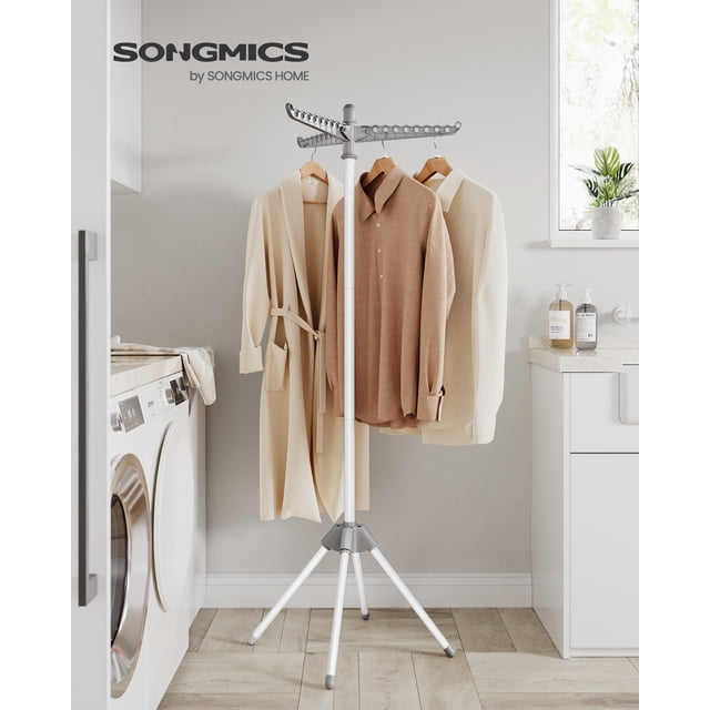 SONGMICS Clothes Drying Rack, 59-Inch Folding Laundry Drying Rack with 3 Rotatable Arms for Hangers, 4 Legs, Stainless Steel, for 27 Pieces of Clothes, Gray and White ULLR510G01