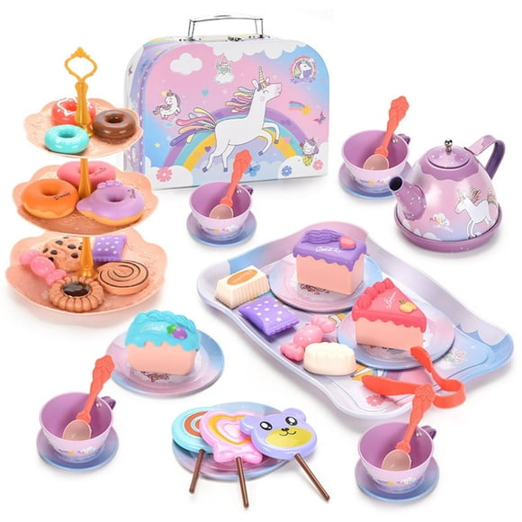 EIGTHTAIL 48Pcs Kids Tea Party Set for Children Unicorn Tea Set Tin Tea Set with Dessert Toy Carrying Case Princess Tea Time Unicorn Gift Pretend Play Tea Set Toys Gift for Kids Girls 3-