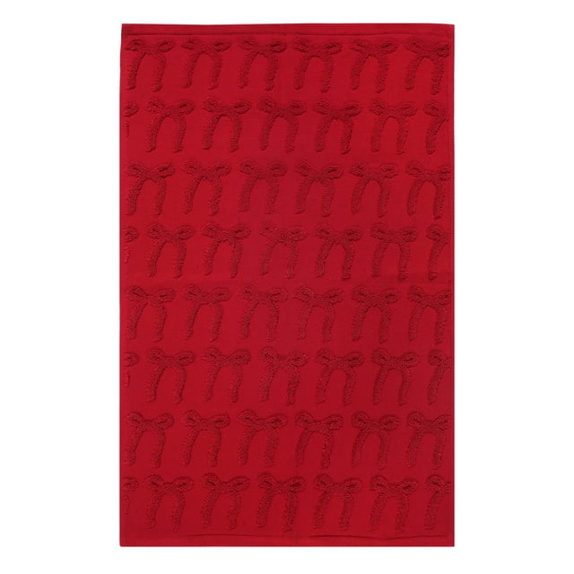 Holiday Time Bows Jacquard Hand Towels, 2-Pack showing a red 100% cotton hand towel with a textured jacquard bow pattern, measuring 16 by 26 inches, soft and absorbent for bathroom or kitchen use, also suitable for festive holiday gifting.