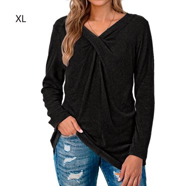 Women T-shirt V Neck Top Long Sleeve Solid Color Girl Knot T-shirt Blouse T Shirt, Black, XL
