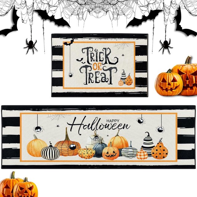 Cute Halloween Kitchen Rugs and Mats Non Skid Washable Set of 2, Happy Orange Pumpkin Spider Web Kitchen Floor Mats, Black Stripes Kitchen Runner Rug, Autumn Vintage Kitchen Decor