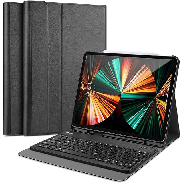 iPad Pro 12.9 inch 6th, 5th, and 4th Generation Keyboard Case with Touchpad. The case features a detachable wireless Bluetooth keyboard with round keys and a built-in touchpad. It includes a protective hard shell with precise cutouts for ports, speakers, and cameras, along with an adjustable kickstand offering up to 165 degrees of viewing angles. The case also has a dedicated Apple Pencil holder. Compatible with iPad Pro 12.9 models from 2018 to 2022, including 6th, 5th, 4th, and 3rd generations.