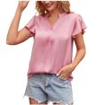 thumbnail image 1 of Women's V Neck Blouse Short Ruffle Sleeve Ladies Work Shirts Solid Color Casual Comfy Summer Tops Office Blouses Tunics, 1 of 7