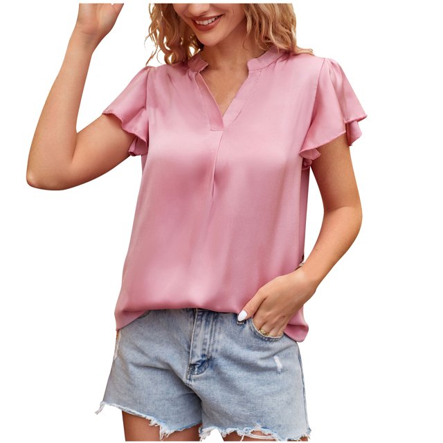 Women's V Neck Blouse Short Ruffle Sleeve Ladies Work Shirts Solid Color Casual Comfy Summer Tops Office Blouses Tunics