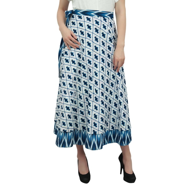 Phagun Robe Indienne Réversible Ikat Imprimée Coton Bleu Boho Chic Jupe Portefeuille