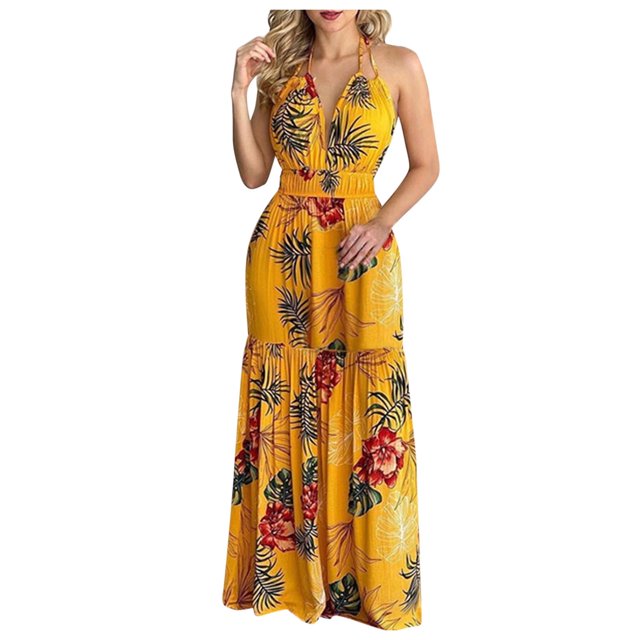 bbymog Robes Femmes Mode Plage Imprimé Tropical Été Col en V Sans Manches Robe Décontractée Coupe Ample Longues Robes pour Femmes Jaune P