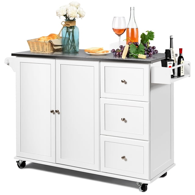 Costway Kitchen Island 2-Door Storage Cabinet with stainless steel top, three drawers, spice rack, and towel holder. Designed for kitchen storage and organization, it features adjustable shelves, smooth-rolling wheels, and a spacious countertop for food preparation. Ideal as a microwave cart or dining room storage solution.