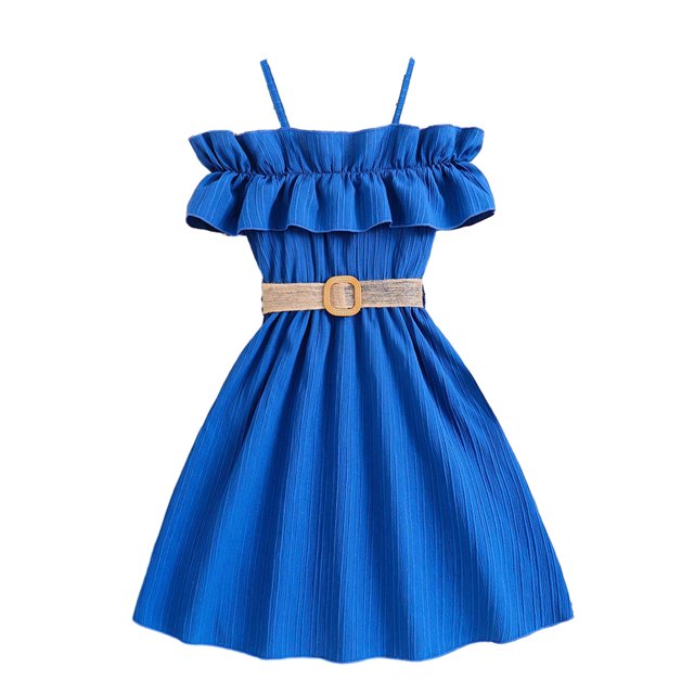 Qudderr Robe à Bretelles Spaghetti pour Fille 8-12T Sans Manches Été Décontractée Robe Trapèze pour Enfants avec Ceinture pour Filles