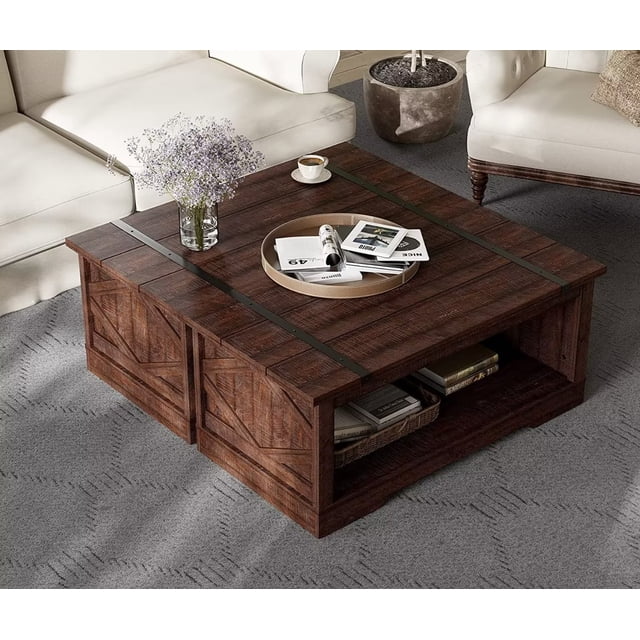 Wampat Table Basse Rectangulaire Style Ferme Moderne avec Rangement Ouvert, Plateau en Bois Assemblé et Barres Métalliques Rivetées, Brun Rustique