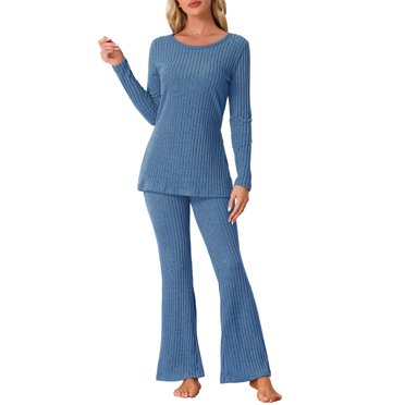cheibear Ensemble de Détente en Tricot Côtelé pour Femmes Manches Longues Haut et Pantalon Ensemble de Pyjama Deux Pièces Tenues Assorties TP Bleu