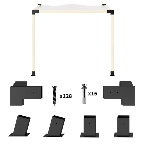 6-Piece Heavy-Duty Steel Pergola Bracket Kit, 15° Slanted Roof Design for Rain Drainage, Includes 3-Way Brackets, Post Bases & Wall Mounts for 3.6" x 3.6" Lumber, Black