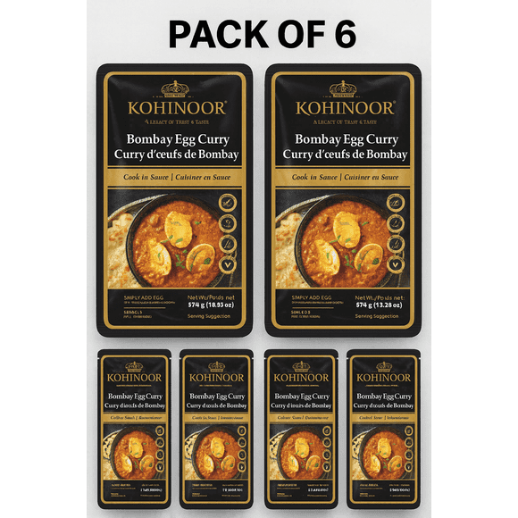 Kohinoor Bombay Egg Curry – Cooking Sauce, Pack of 6 × 375 g (Total 2.25 kg) – Authentic Indian Curry Sauce