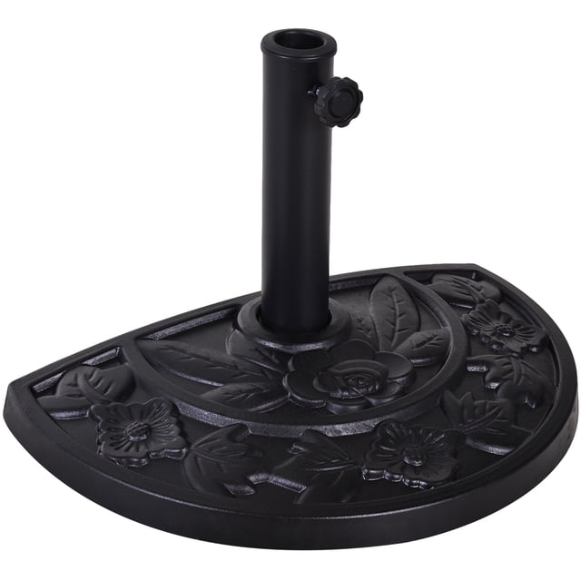 Outsunny base de Parasol de patio Demi-Ronde de 20 Lb en Noir, Conçue avec un Motif Décoratif de rose en Résine. Comprend un Poteau en Acier avec un Bouton à Rotation Manuelle pour Fixer les Parasols avec des Poteaux de 1,5 Po Ou 1,9 Po de Diamètre. Idéal pour l'Ombre de patio, Résistant aux Intempéries et Antirouille pour une Utilisation Extérieure.