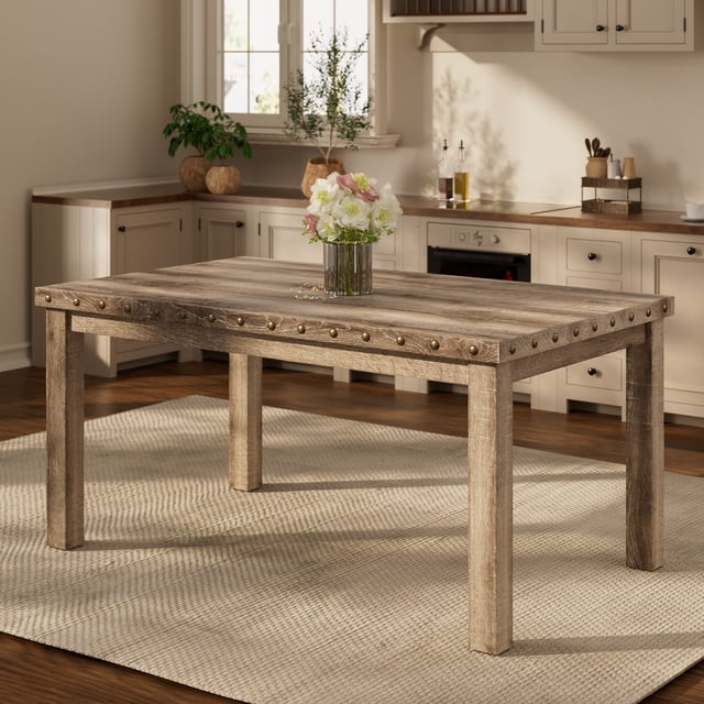 Morden Fort Farmhouse Dining Table Rectangular Wooden Table for 4-6, Rustic 60" Kitchen & Dining Room Table with Woodgrain Tabletop, Rivet Accents & Solid Wood Legs
