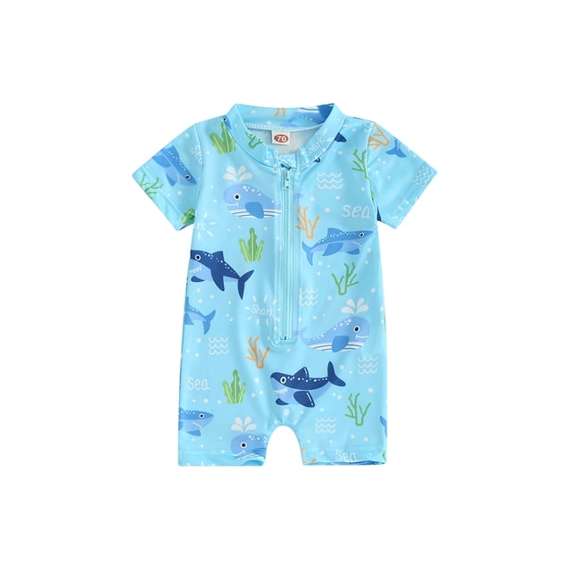 Wangsaura Toddler Baby Boy Rash Guard Swimsuit Cute Print Short Sleeve Zip Front Bathing Suit Swimwear