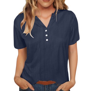 Plebaso Women's Cotton Linen Tops Button V Neck Lightweight Shirts Short Sleeve Casual Plain Loose Blouses