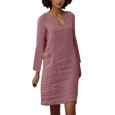 JIRNDf Robes d'Été Décontractées pour Femmes Tendance Mode Col en V Élégantes Confortables Couleur Unie Manches Longues avec Poche Robes d'Été pour Femmes Robe Bohème Rose Vif m