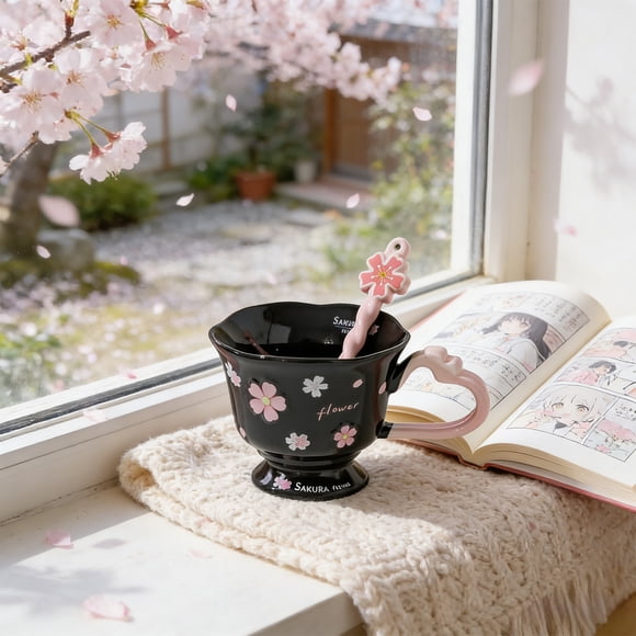 Dvumao Ceramic Flower Coffee Mug with Heart Handle, Floral Tea Cup with Spoon & Gift Box, Mother's Day & Birthday Present