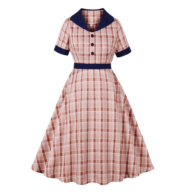 Ovzne Robes d'Été pour Femmes 2025 Robe Femme Mode Femme Été Décontractée Col en V Bouton Fermeture Éclair Manches Courtes Robe à Carreaux Robe d'Été Manches Courtes Liquidation