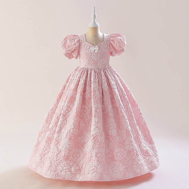 XZNGL Toddler Girls Puff Sleeve Flower Bow Ruffles Birthday Party Gown Long Dresses